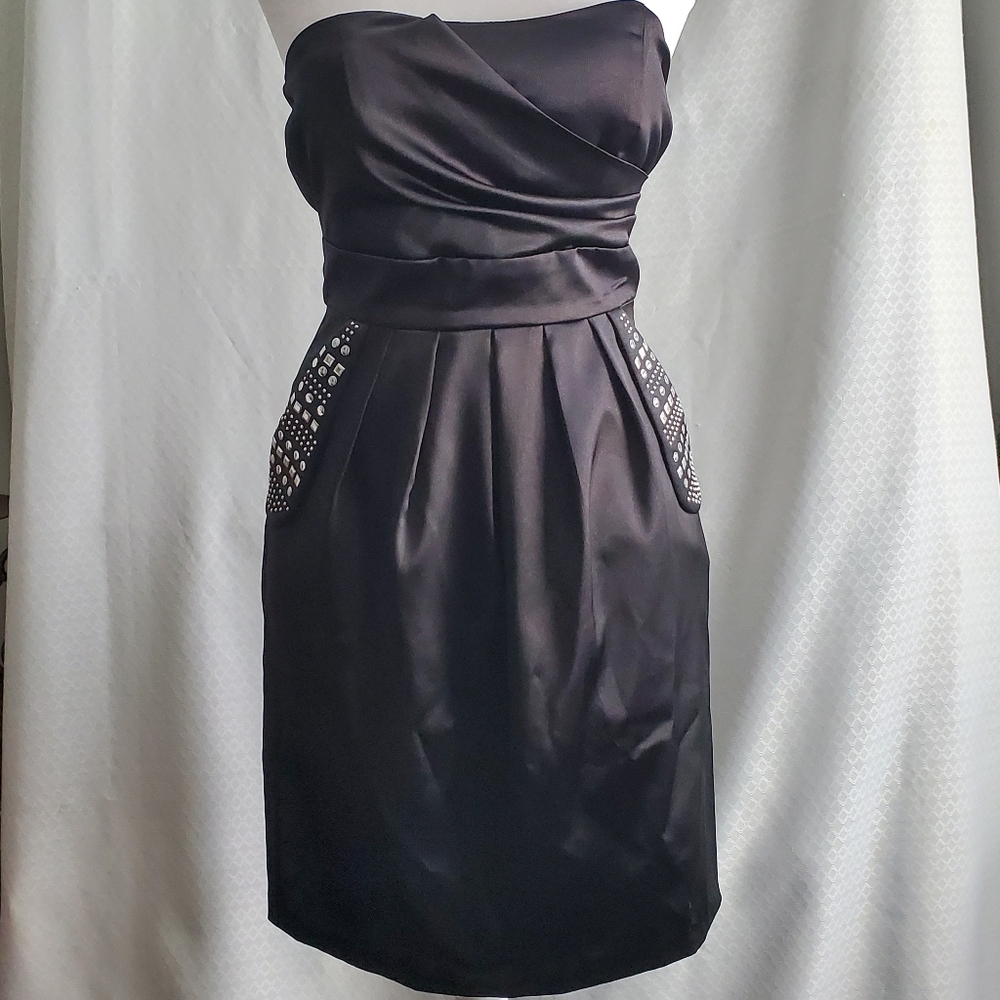Y2K LE CHATEAU Little Black Strapless Dress w/ Pockets & Silver Studs Accents